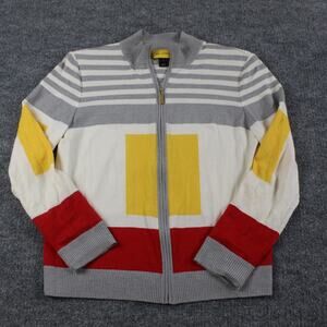 St John Sweater Womens Medium Colorblock Multi Wool Zip Cardigan Luxury Artsy